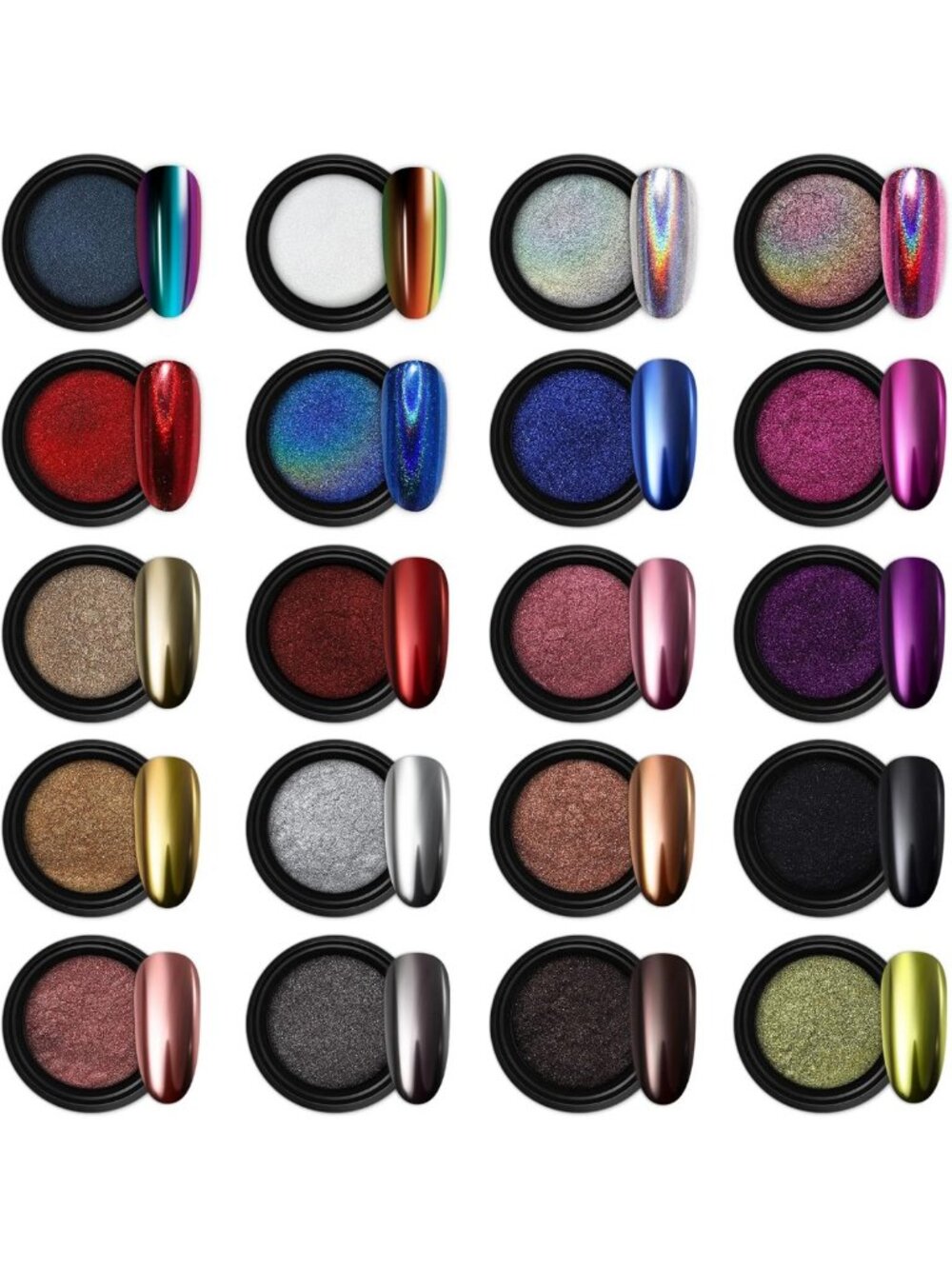 20 Jars Metallic Nail Powder Set - Holographic, Chameleon, Mirror Effect